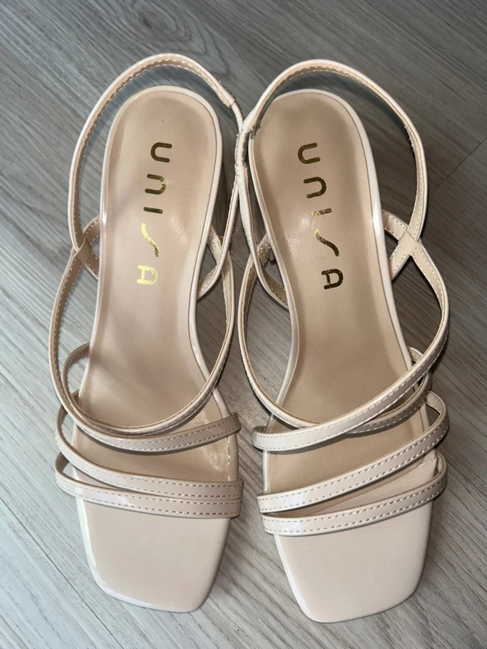 Unisa Strappy Patent Leather Slingback Sandals 7.5 Nude/Beige NWOT Square-Toe
